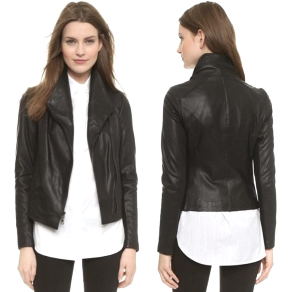 VINCE Black Leather Scuba Asymmetrical Jacket Size Small